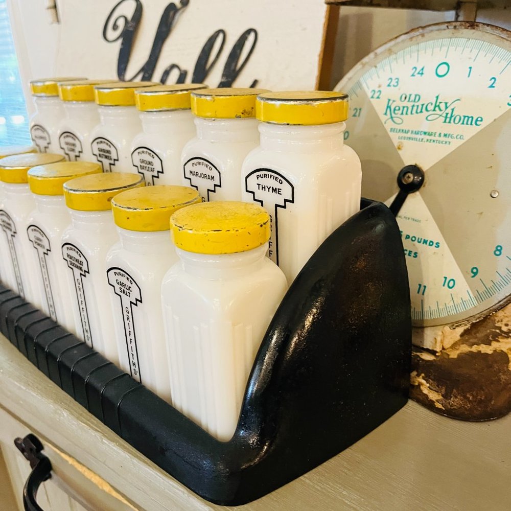 Retro milk glass Griffiths spice jar set of 12 - Picture 14 of 14